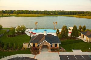 Lakeside pool aerial view